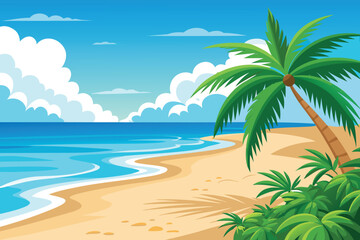 Fototapeta premium A vibrant illustration depicts a tropical beach with palm trees and blue