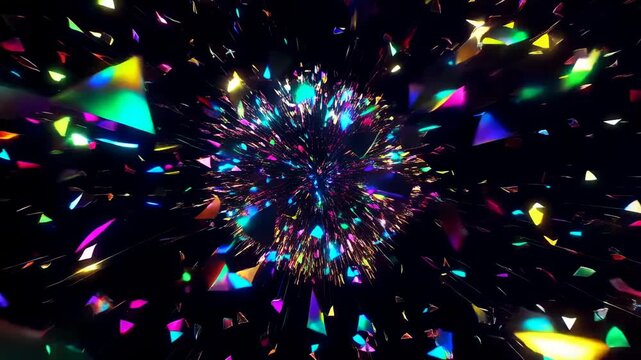 A mesmerizing explosion of vibrant colors and shapes dynamically splintering into a starry void, showcasing the beauty of abstract forms and visual energy in motion.