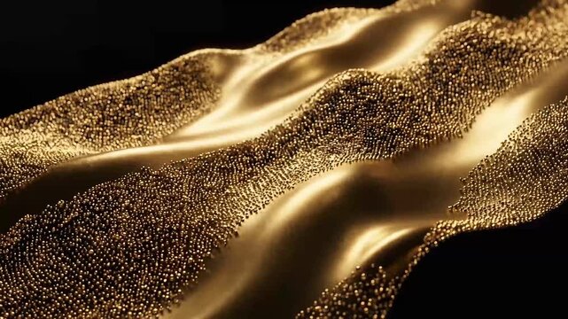 Close-up of a gold textured wave pattern with a shiny, metallic finish against a dark background.