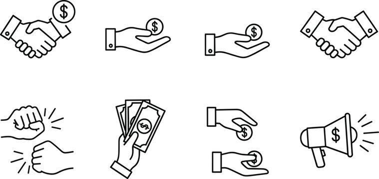 Money transaction and business handshake icon set with payments cash exchange megaphone and financial symbols isolated vector illustration