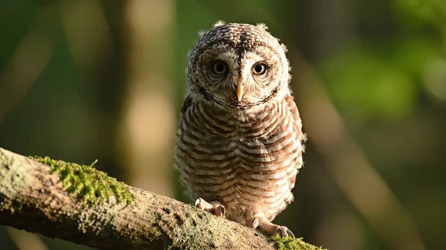 Close up of a barred owl perched on a mossy branch in sunlight