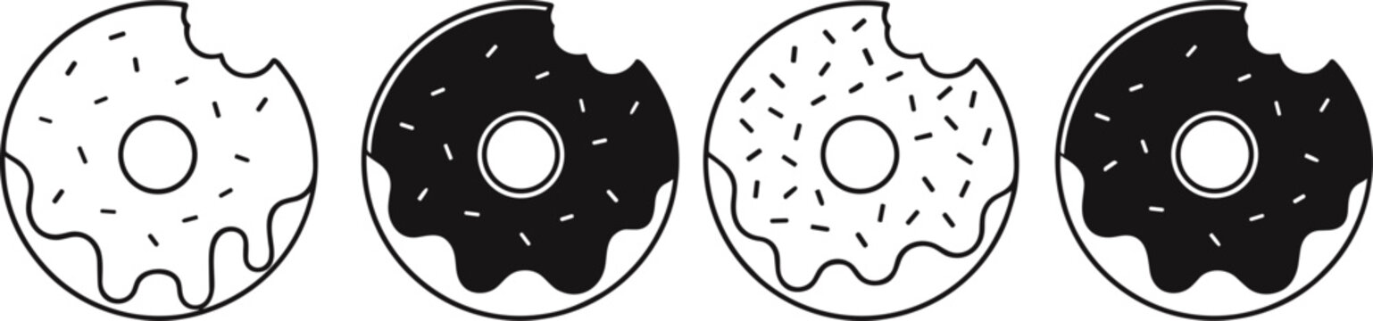 Bitten donut icon set with sprinkles and glaze variations in black and white isolated vector illustration
