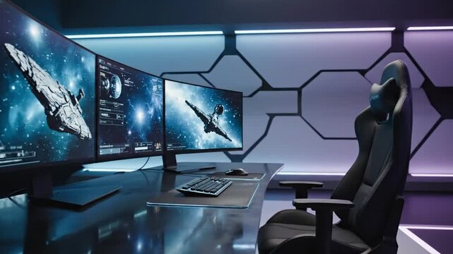 futuristic cyber gaming room with ambient led glow modern desk setup curved monitors sci fi visuals ergonomic chair premium peripherals soft cinematic lighting gentle camera pan high realism immersive
