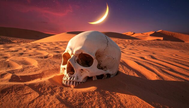 Desert Landscape at Twilight with Crescent Moon and Human Skull