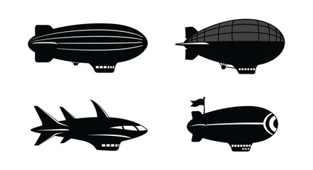 Four different black airship silhouettes on a white background. © Muhril