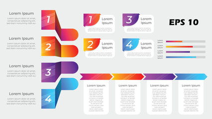 Business Infographic Elements Collection. Vector Presentation Kit Featuring 4-Step Ribbon Process, Horizontal Progress Bars, Numbered Data Nodes, and Arrow Timeline Layout