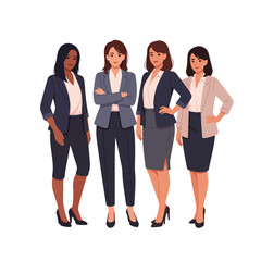 Obraz premium A group of four diverse businesswomen standing confidently in a cartoon style with a clean white background and a professional mood.