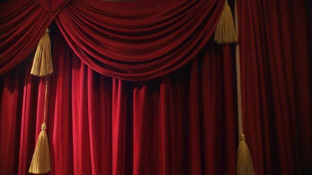 Red Velvet Theater Curtains with Gold Tassels Swaying Gently in Spotlight
