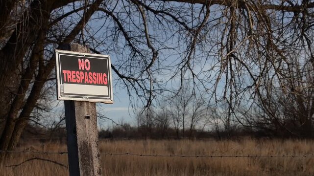 Somewhere in rural Wyoming this no trespassing sign sways in the wind. On a windy afternoon, the breeze slightly blow the sign back and forth. Beyond the fence in trespassing.