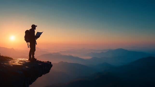 Hiker Standing on Cliff Edge at Sunset with Map.