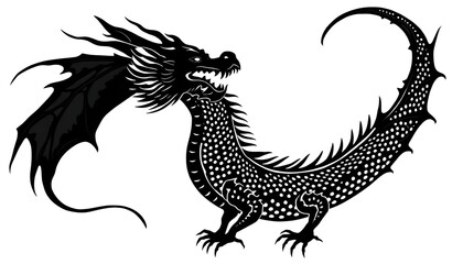 Fototapeta premium Black stylized Eastern dragon with dotted texture and wings