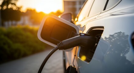 Electric car charging at sunset in urban environment