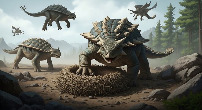 A herd of armored Ankylosaurus dinosaurs in a prehistoric landscape.