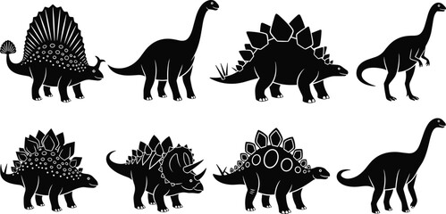 Collection of black dinosaur silhouettes including brachiosaurus, stegosaurus, and triceratops, cad drawing flat vector illustration for prehistoric world and museum design. © Hello Wolrd