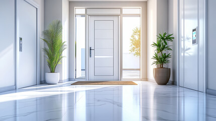 Fototapeta premium Modern entryway smart door white hallway bright light home automation clean floor natural plant welcoming atmosphere