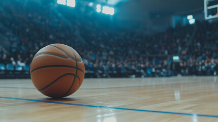 Naklejka premium Basketball court arena sport game ball spotlight competition wooden floor Basketball court indoor arena with spotlight ball and blurred crowd