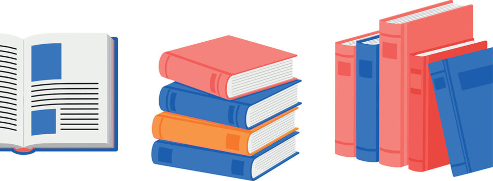 Books and textbooks illustration set with open book and stacked volumes flat vector design for education learning library and academic projects