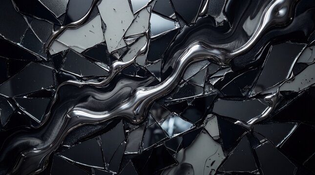 Abstract background of liquid chrome metal flowing over shattered mirror pieces.
