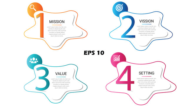 4-Step Business Infographic Template. Vector Presentation Slide Featuring Organic Star-Shaped Nodes for Mission, Vision, Value, and Settings with Vibrant Gradient Numbering
