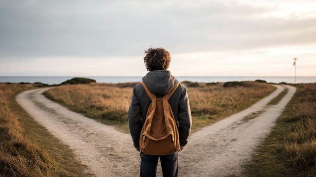 Young person standing at crossroads making life decision, future choices and personal growth concept