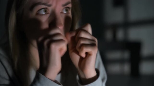 A woman looking worried and scared at night
