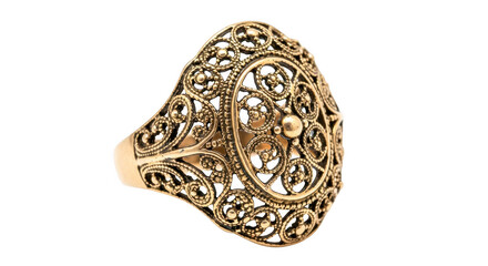 Fototapeta premium Gold ring with intricate filigree design and small diamonds isolated on transparent background