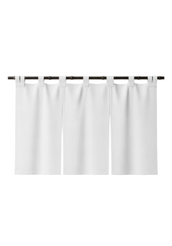 three transparent japanese noren curtains hanging from a dark bamboo rod on a neutral transparent studio background with copy space. understated elegance concept for design mockup