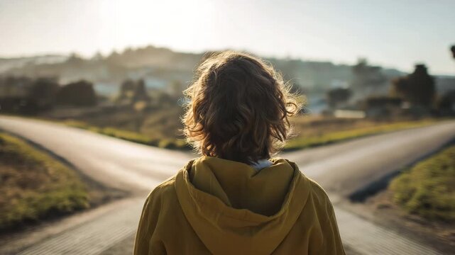 Young person standing at crossroads making life decision, future choices and personal growth concept
