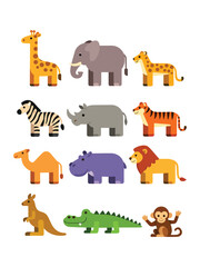 Cute Wild Animal Cartoon Set for Kids Education Illustration