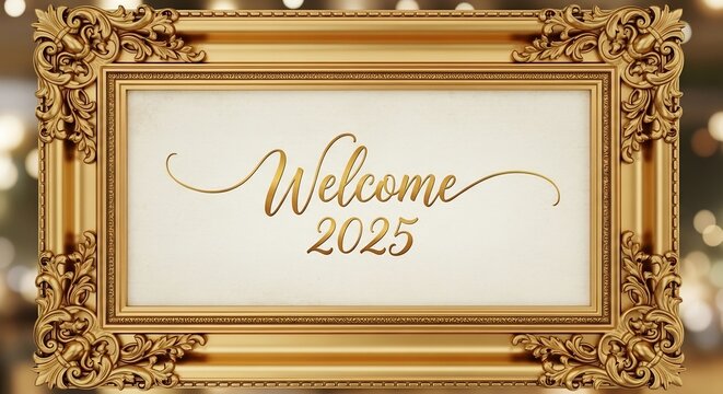 優雅な金文字のWelcome 2025が豪華な額縁に輝き煌めくボケ光が新年の始まりを美しく飾る祝祭的な背景. AI Generated