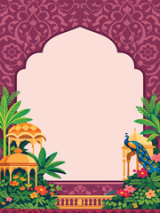 Luxury Indian Palace Garden Frame with Peacock and Floral Pattern