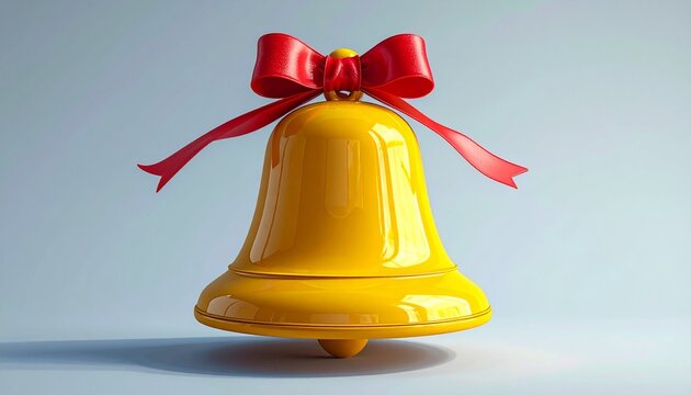 A celebratory decorative illustration of a bright yellow bell with a shiny surface, featuring a small star‑shaped indentation on one side. A large, neatly tied red ribbon bow adorns the top, adding co