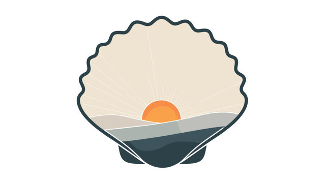 Minimalist graphic of an ocean shell featuring a serene sunset over calm waves within its opening, evoking peaceful coastal vibes.