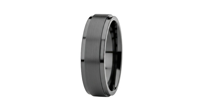 A dark gray metal ring with a textured outer surface and smooth inner band isolated on transparent background