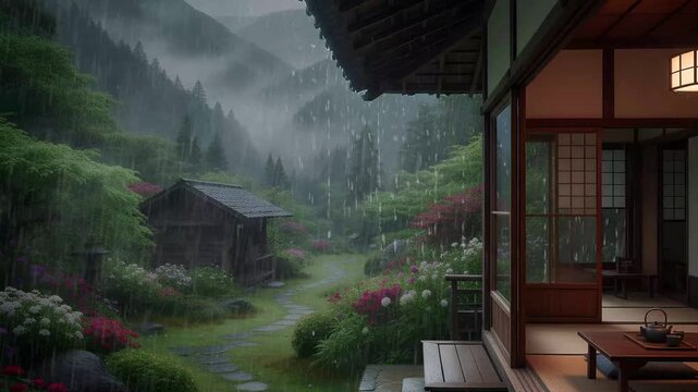 house in the forest rain