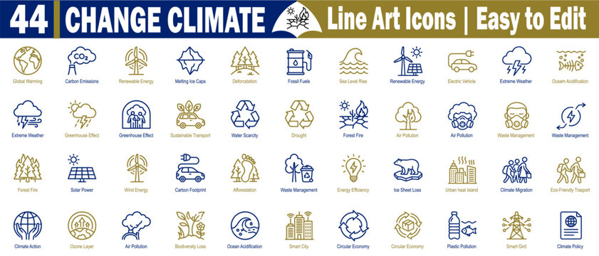 Change the climate line art icon set, easy to edit, concept includes global warming, carbon emissions, and renewable energy vector illustration.