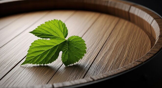 A green leaf used in ancient ale brewing rests on a wooden barrel surface, suggesting old traditions and natural ingredients, close up, natural, texture