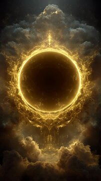 Radiant golden solar plexus energy ring glowing in dark cloudy sky, mystical powerful abstract light art, surreal fantasy atmosphere