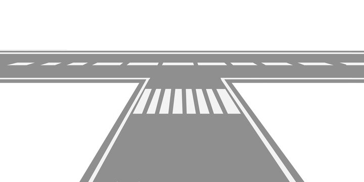 Perspective view of empty asphalt road intersection with pedestrian zebra cross
