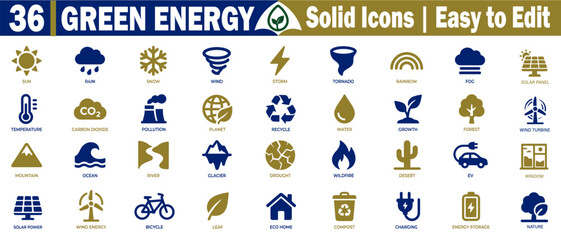 Fototapeta premium Green energy solid icons easy to edit for renewable resources, solar, wind, hydro, geothermal, biomass, electric vehicle themes vector illustration.