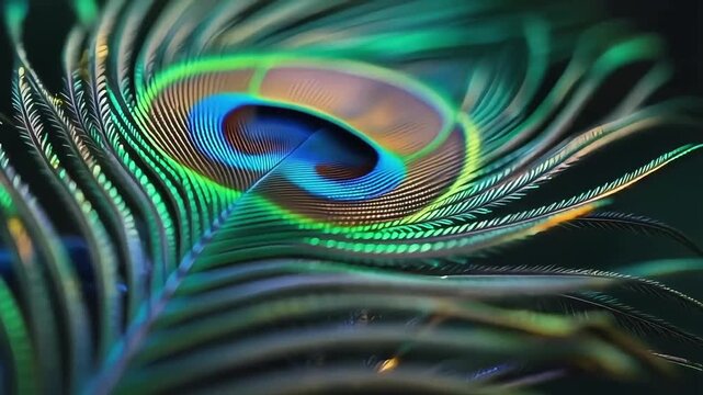 Mesmerizing close-up of a peacock feather showcasing its exquisite iridescent blues and greens, a vibrant natural artwork of intricate patterns and delicate textures, embodying elegant organic beauty