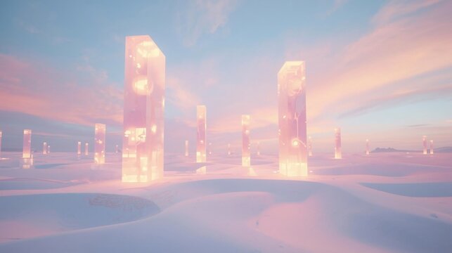 Glowing Crystal Monoliths in a Serene Pastel Desert Landscape
