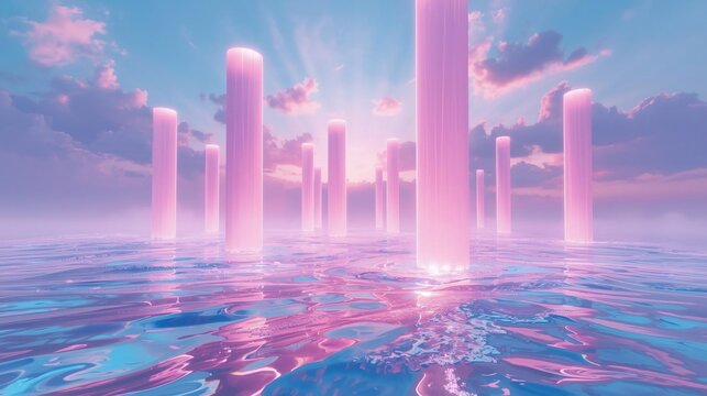 Mystical Pink Pillars Rising from a Dreamlike Iridescent Ocean