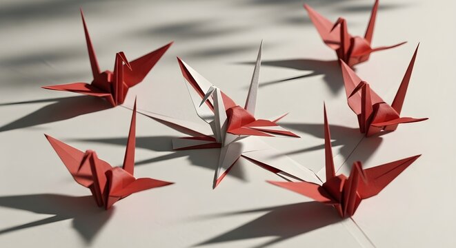 Stop Motion Origami Cranes Unfolding From Single Paper Sheet, National Aplastic Anemia and MDS Awareness Week Concept, Japanese Minimalism, Red and White Paper Birds Mid Transformation, Symbolic Creat