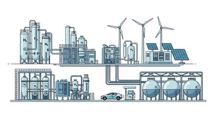 Naklejka premium Illustration of a hydrogen production and refueling station powered by renewable energy sources like wind turbines and solar panels.