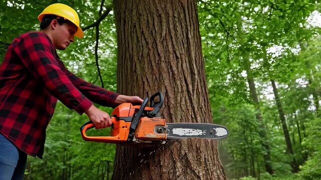 Person in Safety Gear Using Chainsaw to Cut Tree Trunk in Forest.