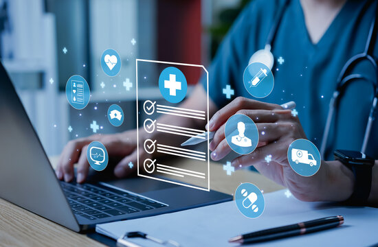 Doctors working on laptops with digital medical interface, health information system, telemedicine, electronic health records, medical technology, and modern healthcare innovation