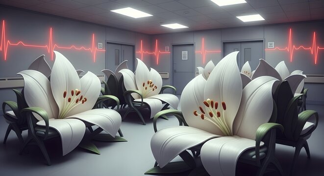 Surreal Hospital Waiting Room with Blooming White Lilies and Red Heartbeat Light Patterns for National Aplastic Anemia and MDS Awareness Week, Magical Realism, Patient Journey Concept, Contemplative S