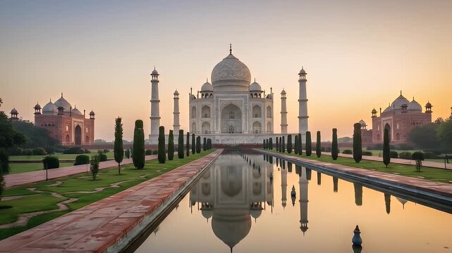 Taj Mahal at Sunrise - A Timeless Wonder of India.