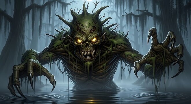 Terrifying swamp creature with glowing eyes emerges from murky water under dim moonlight